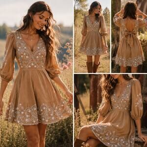 NWT Express Boho Embroidered Cotton Tie Back Mini Dress XL Beige